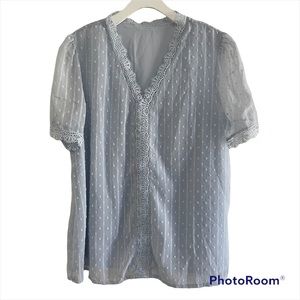 Sky Blue Lace Splicing V-Neck Swiss Dot Short Sleeve Blouse